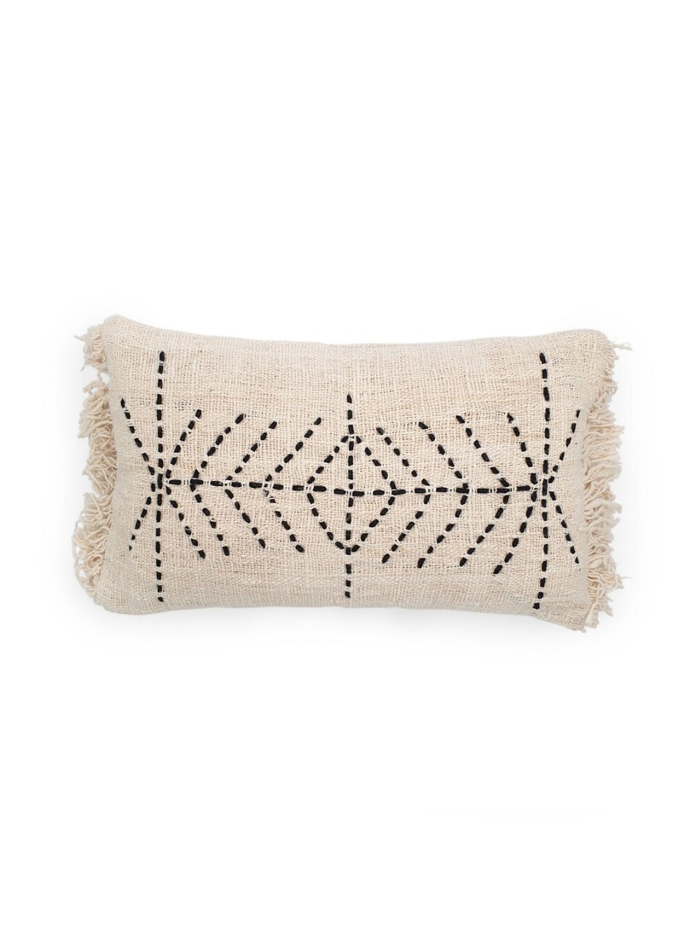 Neutral Fringed Decorative Throw Pillow with Black Embroidery